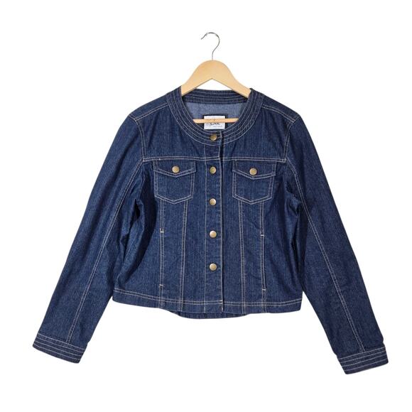 VTG Live A Little Denim Jacket sz L Blue Snap Front Pockets Fitted Top Stitched - Picture 1 of 16
